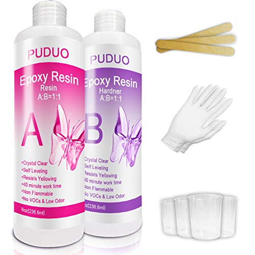 Epoxy-Resin-Crystal-Clear-Kit for Art, Jewelry, Crafts，Coating- 16 OZ Including 8OZ Resin and 8OZ Hardener | Bonus 4 pcs Graduated Cups, 3pcs Sticks, 1 Pair Rubber Gloves by Puduo