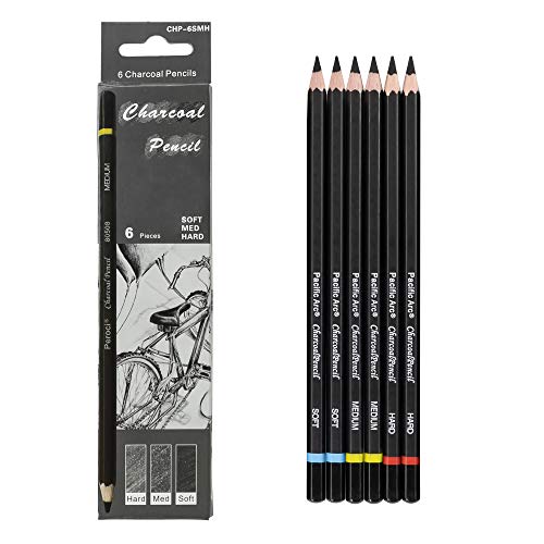 Pacific Arc Premium Charcoal Drawing Pencils for Artists - 6 Pieces Soft Medium and Hard - Charcoal Pencils for Drawing, Sketching and Shading - Great Non Toxic Art Supplies Set for Adults and Kids