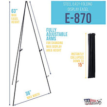 Load image into Gallery viewer, U.S. Art Supply 63&quot; High Steel Easy Folding Display Easel - Quick Set-Up, Instantly Collapses, Adjustable Height Display Holders - Portable Tripod Stand, Presentations, Signs, Posters, Holds 5 lbs
