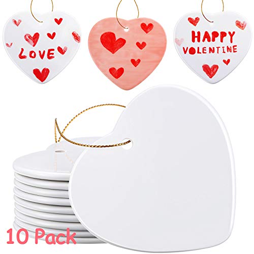 WILLBOND 10 Packs Sublimation Ceramic Ornament Heart Porcelain Ornament Blank Ceramic Ornament for DIY Crafts Valentine