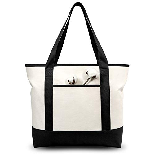 TOPDesign Stylish Canvas Tote Bag with External & Internal Pockets, Open Top, Daily Essentials (Black/Natural)