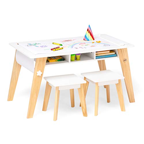Wildkin Kids Arts and Crafts Table Set for Boys and Girls, Mid Century Modern Design Craft Table Includes Two Stools, Paper and Storage Cubbies Underneath Helps Keep Art Supplies Organized (White)