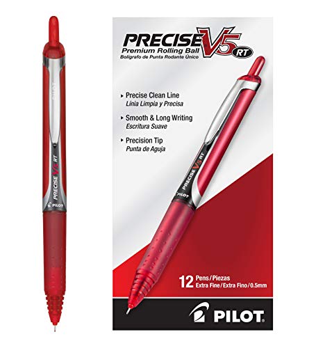 PILOT Precise V5 RT Refillable & Retractable Liquid Ink Rolling Ball Pens, Extra Fine Point (0.5mm) Red Ink, 12-Pack (26064)