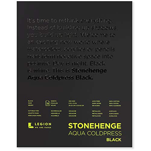 Stonehenge, 1 Legion Aqua Watercolor Pad, 140lb, Cold Press, 8 by 10 Inches, Black Paper, 15 Sheets
