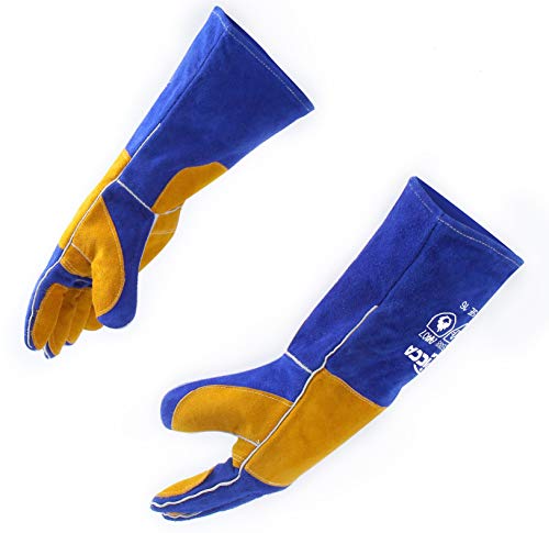 RAPICCA 16 Inches,932℉, Leather Forge/Mig/Stick Welding Gloves Heat/Fire Resistant, Mitts for Oven/Grill/Fireplace/Furnace/Stove/Pot Holder/Tig Welder/Mig/BBQ/Animal handling glove with 16 inches Extra Long Sleeve– Blue
