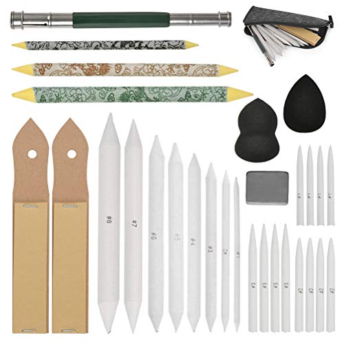 WOWOSS 23 Pieces Blending Stumps and Tortillions Set with 2 Pcs Sandpaper Pencil Sharpener, Pencil Extension Tool, 2 Sponge Sketch and Felt Bag for Student Sketch Drawing