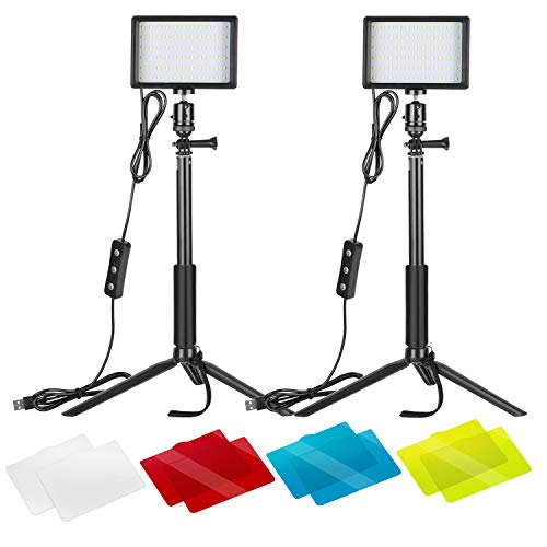Neewer 2-Pack Dimmable 5600K USB LED Video Light with Adjustable Tripod Stand and Color Filters for Tabletop/Low-Angle Shooting, Zoom/Video Conference Lighting/Game Streaming/YouTube Video Photography