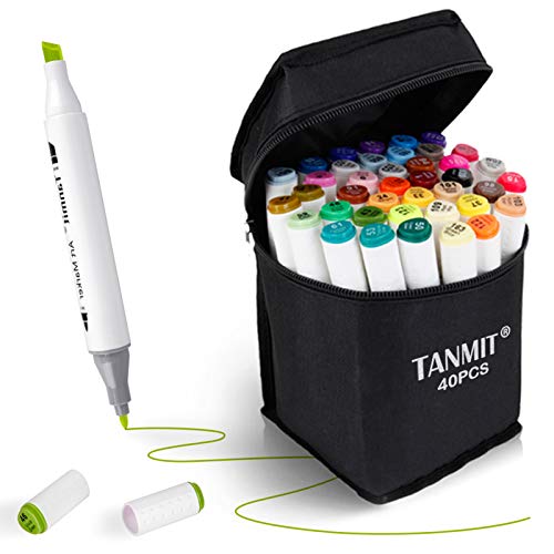 Tanmit Marker Pens Dual Tips Permanent Art Markers for Kids, Highlighter Pen Set for Adult Coloring Drawing Sketching Highlighting and Underlining (Carrying Case & 40 Colors)