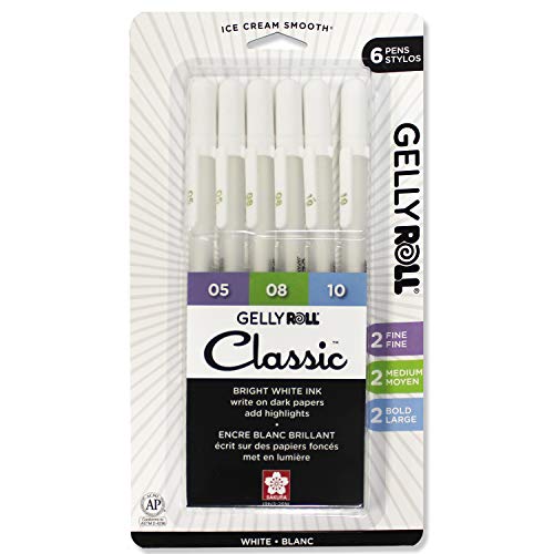 SAKURA Gelly Roll Classic Gel Pens, Opaque White Ink, Ass't Tips 05/08/10, 6 PK 57461