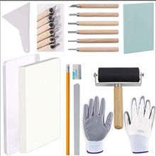 Load image into Gallery viewer, Rustark 19 Pieces Block Printing Starter Tool Kit with Whetstone, Stamp Block, Carving Tools, Tracing Papers,Pencil, Gloves,Eraser and Scrapper, Rubber Stamp Making Kit for Stamping and Printmaking
