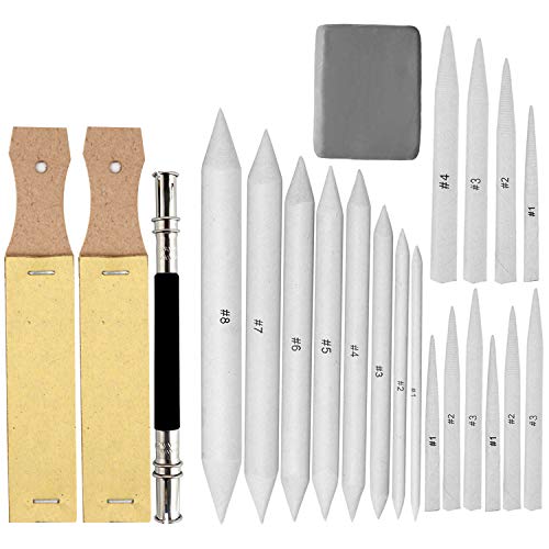 EuTengHao 22 Pieces Blending Stumps and Tortillions Set with 2 Sandpaper Pencil Sharpener, 1 Pencil Extension Tool and 1 Eraser for Student Sketch Drawing Accessories