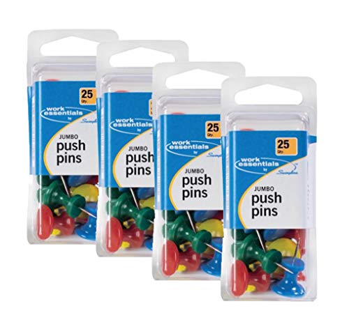 Swingline Work Essentials Jumbo Push Pins, Assorted Colors, 25 Count (S7071759), Pack of 4