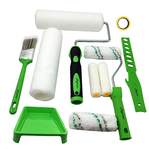 Magimate Paint Roller Kit 9 Inch 4 Inch Roller Set with Frames, Cover Refills, Angled Brush, Paint Stick, Masking Tape and a Durable Paint Tray for Professional and DIY Indoor and Outdoor Painting