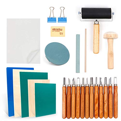 Rubber Stamp Making Kit, Block Printing Starter Tool Kit, Linoleum Cutter with 12 Types Blades, Tracing Paper, Rubber Carving Block, Brayer Roller for Craft Stamp Carving