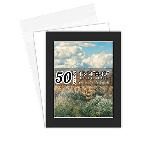 Golden State Art, Pack of 50 Black Pre-Cut 11x14 Picture Mat for 8x10 Photo with White Core Bevel Cut Mattes Sets. Includes 50 Acid-Free Bevel Cut Mats & 50 Backing Board & 50 Clear Bags