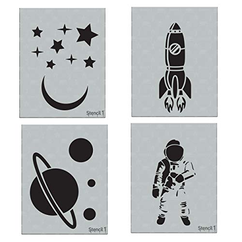 Stencil1, Outer Space Theme Stencils 4-Pack, 8.5 x 11 inches (Astronaut, Rocket Spaceship, Stars and Present Moon, Saturn and 3 Planets) Laser Cut, Mylar Reusable Stencils, DIY Kids Room
