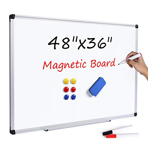 T-SIGN Magnetic Dry Erase Whiteboard 48 x 36 Inch, 4 x 3 Large White Board, Silver Aluminum Frame Wall-Mounted, Magnetic Eraser, 2 Whiteboard Pen, Detachable Marker Tray, 6 Magnets for Office, School