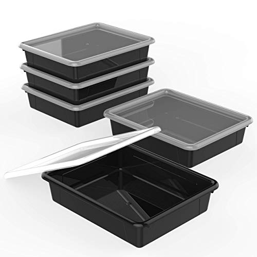 Storex Flat Storage Tray with Lid, Letter Size, 10 x 13 x 3 Inches, Black, 5-Pack (62535U05C)