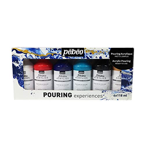 Pébéo Acrylic Pouring Paint Starter Kit - Art and Painting Supplies, Ready-To-Pour Fluid Medium, 118 Milliliter Bottles, Set of 6 Assorted Colors