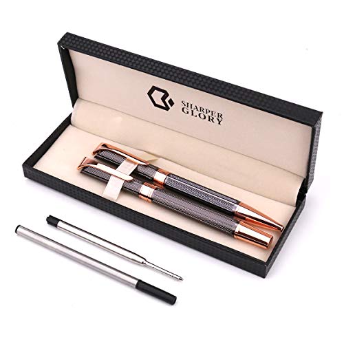 Ballpoint 1.0mm Rollerball 0.7mm Pen Set With Black Ink,Smooth and Easy Writing Metal Pen for Great Birthday,Graduation,Pack of 2 Pens with 2 Extra Refills