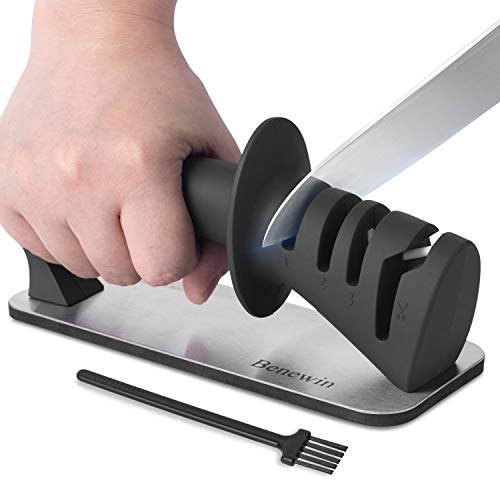 Knife Sharpener- 3-Stage Knife Sharpener Helps Repair,Restore and Polish Blades,Sharpens Dull Knives Fast,Safe and Easy to Use- Slot Cleaning Brush Included,Black