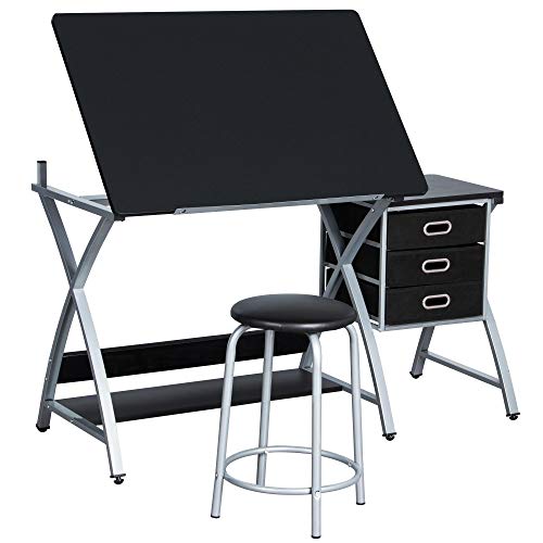 YAHEETECH Adjustable Drafting Table Drawing/Draft Art Desk for Adults Craft Supplies w/Stool and Storage Drawers Art Studio Design Craft Station