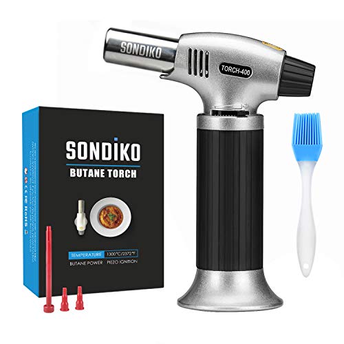 Sondiko Butane Torch, Refillable Kitchen Torch Lighter, Fit All Butane Tanks Blow Torch with Safety Lock and Adjustable Flame for Desserts, Creme Brulee, BBQ and Baking(Butane Gas Not Included)