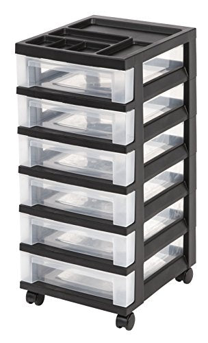 IRIS USA MC-360-TOP Plastic Storage Drawer, Rolling Cart with Organizer Top, 6, Black
