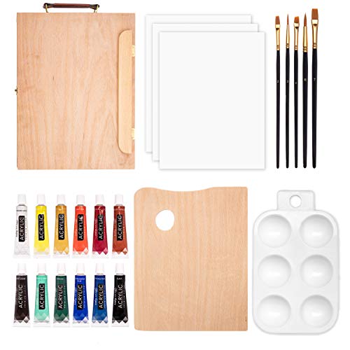 Academy Art Supply Tabletop Easel Set with Easel Box, 12 Acrylic Paint Tubes, 3 Canvas Panels (9