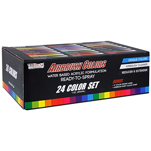 U.S. Art Supply 24 Color Acrylic Airbrush, Leather & Shoe Paint Set Opaque Colors Plus Reducer, Cleaner & Color Mixing Wheel