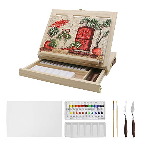 LUCYCAZ Tabletop Easel Painting Set, Adjustable Portable Desktop Wooden Drawing Easel with Storage Drawer, Acylic Paints, Brushes and Palettes for Adults Kids Artist Acrylic Tools Kit