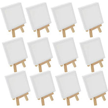 Load image into Gallery viewer, U.S. Art Supply 5&quot; x 5&quot; Stretched Canvas with 8&quot; Mini Natural Wood Display Easel Kit (Pack of 12), Artist Tripod Tabletop Holder Stand - Painting Party, Kids Crafts, Oil Acrylic Paints, Signs, Photos

