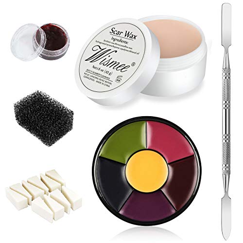 Wismee Special Effects Sfx Makeup Kit Professional Scar Wax Set 6 Color Bruise Wheel Makeup Kit Face Body Paint Oil with Sponges, Fake Scab Blood, Spatula Tool