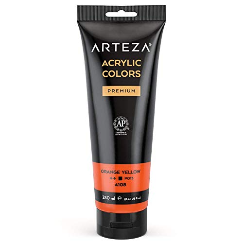 ARTEZA Acrylic Paint, Orange Yellow Color 8.45 oz/250 ml Tube, Rich Pigment, Non Fading, Non Toxic, Single Color Paint for Artists, Hobby Painters & Kids