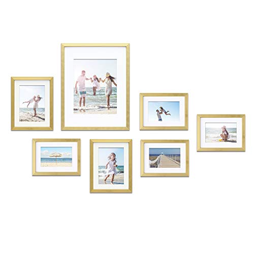 Mimosa Moments Gallery Wall Frame Set with mat for one 8x10, two 5x7 and four 4x6 pictures (Gold, 7 pcs set)