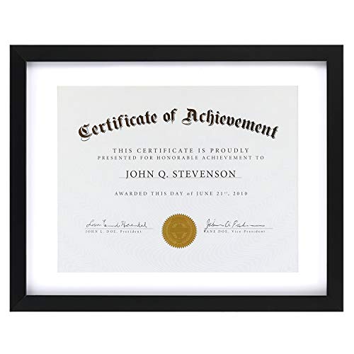 ONE WALL 11x14 Document Frame Displays 8.5x11 Diplomas with Mat or 11x14 Inch Without Mat, Black Certificate Frame Made of Solid Wood and Tempered Glass - Mounting Hardware Included