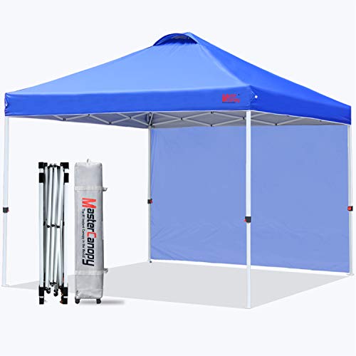MASTERCANOPY Patio Pop Up Instant Shelter Beach Canopy with 1 Side Wall, Better Air Circulation Outdoor Canopy with Wheeled Carry Bag and 4 Sand Bags(10'x10',Blue)