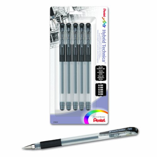 Pentel Arts Hybrid Technica Gel Pen with Assorted Tip Sizes, Black Ink, Pack of 5 (KN10BP5A)