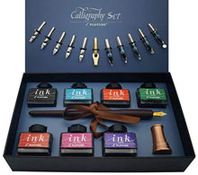 Load image into Gallery viewer, Plotube Calligraphy Pen Set – Includes Wooden Dip Pen, Antique Brass Holder, 11 Nibs, 7 Ink Bottle and Beginner&#39;s Manual (7 colors)
