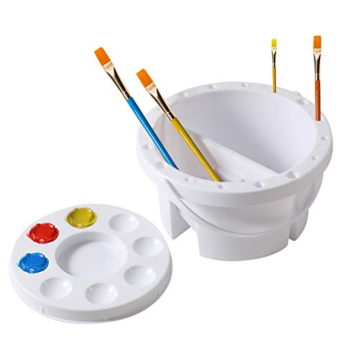 Gazeer Artist Brush Basin,Multifunction Paint Brush Tub with Brush Holder & Lid Palette, Painting Brushes Washer Cleaner - Round