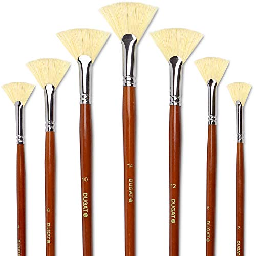 Artist Fan Paint Brush Set of 7, White Hog Bristle Natural Hair Anti-Shedding Brush Tips, Long Wooden Handle for Comfortable Holding, Great for Acrylic Watercolor Oil Painting