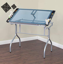 Load image into Gallery viewer, Studio Designs Folding Modern Glass Top Adjustable Drafting Table Craft Table Drawing Desk Hobby Table Writing Desk Studio Desk, 35.25&quot; W x 23.75&quot; D, Silver / Blue Glass
