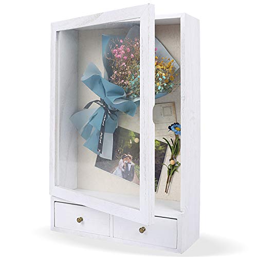 BONKON Shadow Box Frame 11x14 Shadow Box Display Case with 2 Drawers and Linen Back for Memorabilia, Photos, Deep Shadow Box Picture Frame (Vintage White)