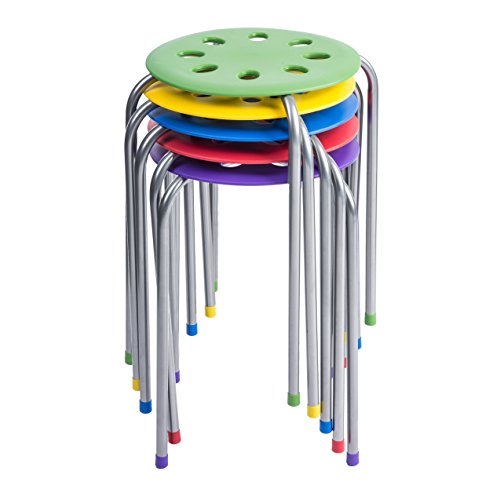 Pearington - PEAR-BW01 Plastic Classroom Furniture Stools for Kids; Multipurpose Stool Chairs; Flexible Seating; Stacking Stools, Stainless Steel Legs,- Set of 5, Multi-Color