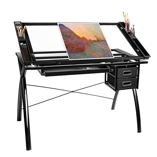BAHOM Adjustable Drafting Table Glass Top, Art Drawing Craft Desk with 2 Drawers, Perfect for Artwork and Design, Black