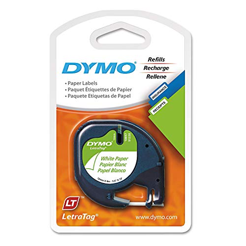 Dymo 10697 Self-Adhesive White Paper Labeling Tape for LetraTag (LT) Label Makers; 4 Blister Packs (8 Refills); Each Blister Pack with Hang Hole contains Two 1/2