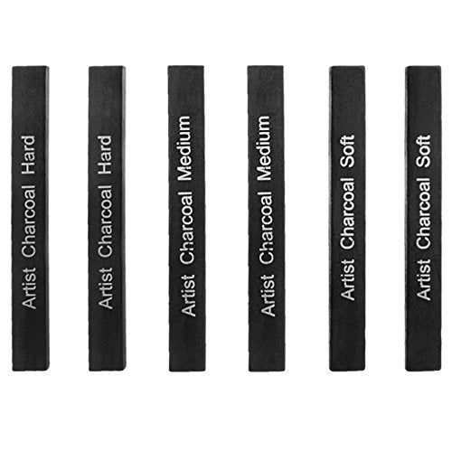 Looneng Square Compressed Charcoal Sticks Assorted, Soft, Medium, Hard, Pack of 6