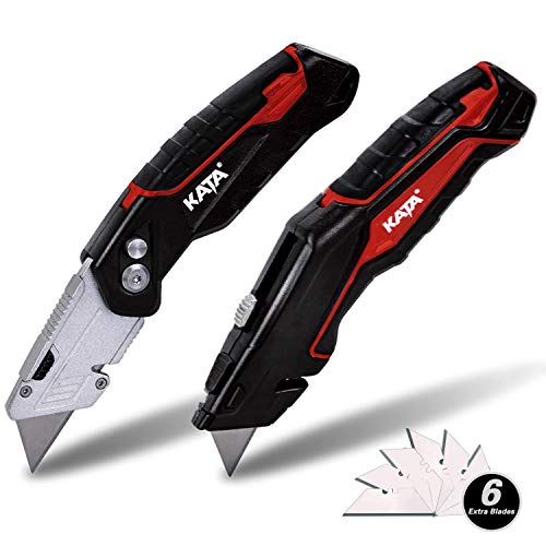 KATA 2-Pack Utility Knives, Heavy Duty Retractable and Folding Box Cutter for Cartons, Cardboard and Boxes with Blade Storage Design, Extra 6 Blades Included,box cutters retractable