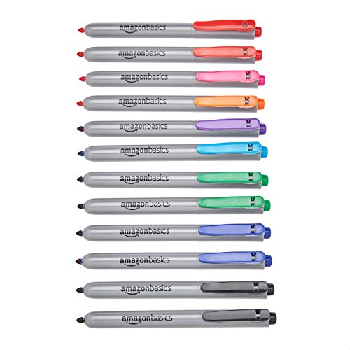 Amazon Basics Retractable Permanent Markers - Assorted Colors, 12 Count