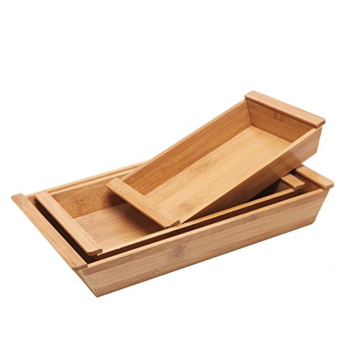 MyGift Set of 3 Small Natural Bamboo Nesting Organizer/Multipurpose Serving Trays with Handles
